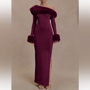 Meshki Off-Shoulder Fur Burgundy Dress
